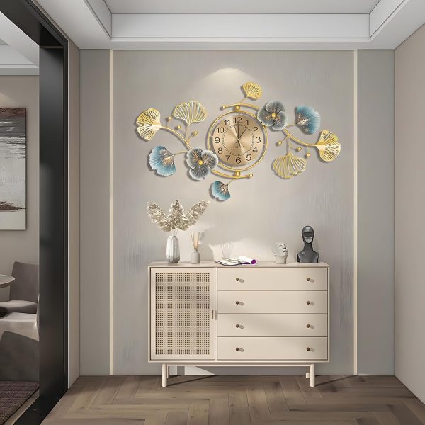 QXSXKJ 3D Metal Wall Decor with Silent Clocks, Retro Gold Metal Wall Art Ginkgo Decor,Battery Powered H and V Adjustable Clock Décor, Large Decorations Art For Livingroom Bedroom Kitchen - Image 3