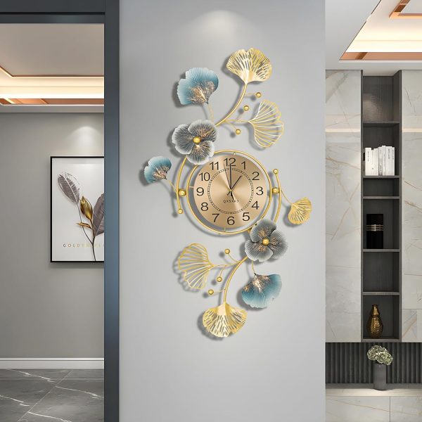 QXSXKJ 3D Metal Wall Decor with Silent Clocks, Retro Gold Metal Wall Art Ginkgo Decor,Battery Powered H and V Adjustable Clock Décor, Large Decorations Art For Livingroom Bedroom Kitchen - Image 4
