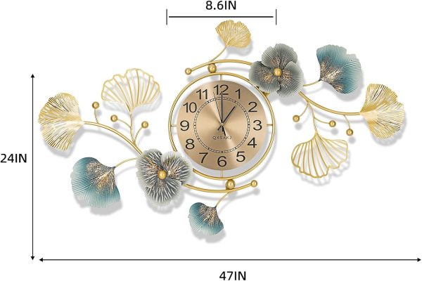 QXSXKJ 3D Metal Wall Decor with Silent Clocks, Retro Gold Metal Wall Art Ginkgo Decor,Battery Powered H and V Adjustable Clock Décor, Large Decorations Art For Livingroom Bedroom Kitchen - Image 6