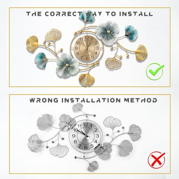 QXSXKJ 3D Metal Wall Decor with Silent Clocks, Retro Gold Metal Wall Art Ginkgo Decor,Battery Powered H and V Adjustable Clock Décor, Large Decorations Art For Livingroom Bedroom Kitchen - Image 7