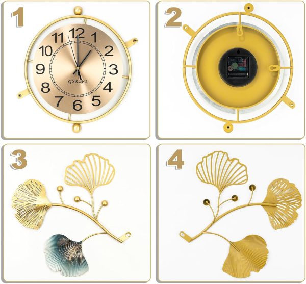 QXSXKJ 3D Metal Wall Decor with Silent Clocks, Retro Gold Metal Wall Art Ginkgo Decor,Battery Powered H and V Adjustable Clock Décor, Large Decorations Art For Livingroom Bedroom Kitchen - Image 21