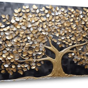 GAFSING Gold Tree of Life Wall Art for Living Room Office Golden Leaves Black Painting Prints Modern Canvas Artwork Family Bedroom Decor (16x32 Inches)