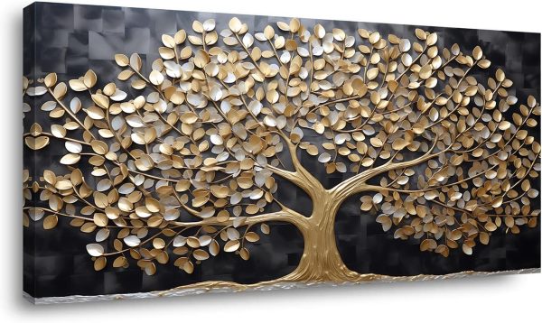 GAFSING Gold Tree of Life Wall Art for Living Room Office Golden Leaves Black Painting Prints Modern Canvas Artwork Family Bedroom Decor (16x32 Inches)