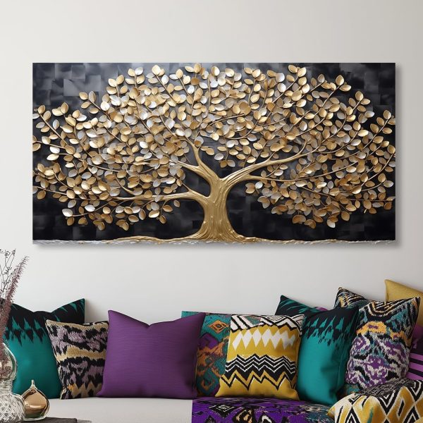 GAFSING Gold Tree of Life Wall Art for Living Room Office Golden Leaves Black Painting Prints Modern Canvas Artwork Family Bedroom Decor (16x32 Inches) - Image 2