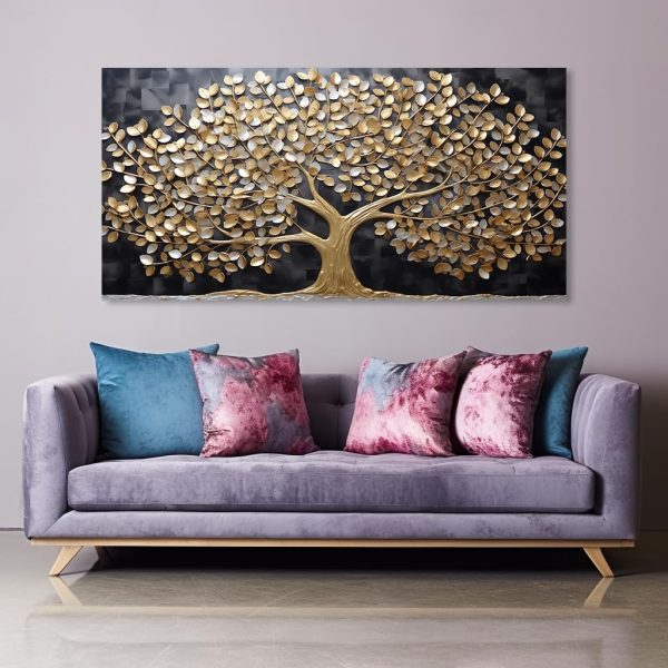 GAFSING Gold Tree of Life Wall Art for Living Room Office Golden Leaves Black Painting Prints Modern Canvas Artwork Family Bedroom Decor (16x32 Inches) - Image 3