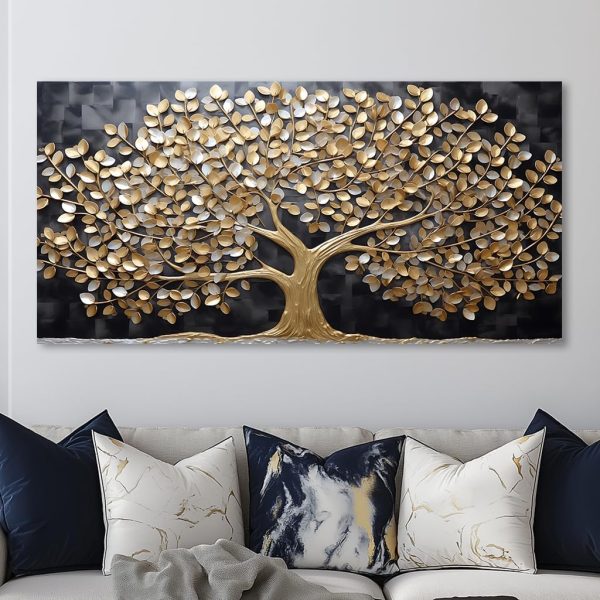GAFSING Gold Tree of Life Wall Art for Living Room Office Golden Leaves Black Painting Prints Modern Canvas Artwork Family Bedroom Decor (16x32 Inches) - Image 4