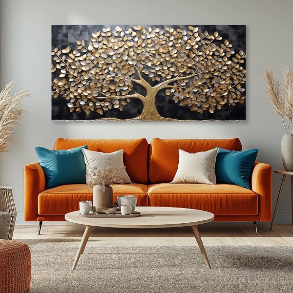 GAFSING Gold Tree of Life Wall Art for Living Room Office Golden Leaves Black Painting Prints Modern Canvas Artwork Family Bedroom Decor (16x32 Inches) - Image 5
