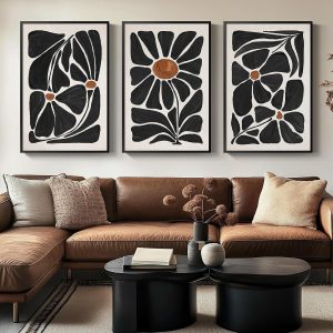 Large Framed Black Boho Floral Wall Art for Living Room, Set of 3 Black and White Vintage Botanical Artwork for Walls, Bohemian Flowers Canvas Prints for Bedroom Hallway Office Home Decor, 24x36 In