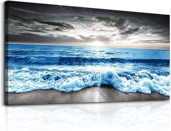 MHARTK66 Wall Art For Living Room Large Wall Decor For Office Modern Bedroom Wall Decor Blue Beach Sun Ocean Landscape Canvas Prints Wall Paintings Seascape Framed Pictures Artwork Home Decor 40x20